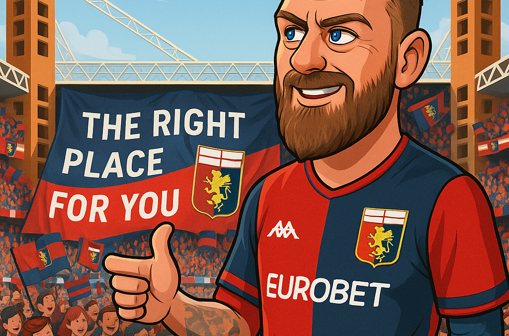 Daniele De Rossi cartoon illustration celebrating his Genoa debut at Luigi Ferraris Stadium for Genoa vs Verona
