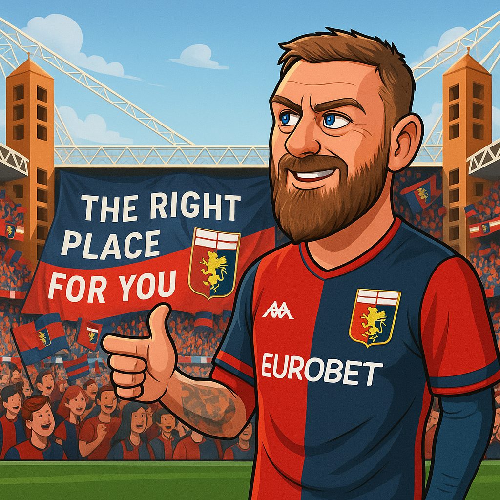 Daniele De Rossi cartoon illustration celebrating his Genoa debut at Luigi Ferraris Stadium for Genoa vs Verona